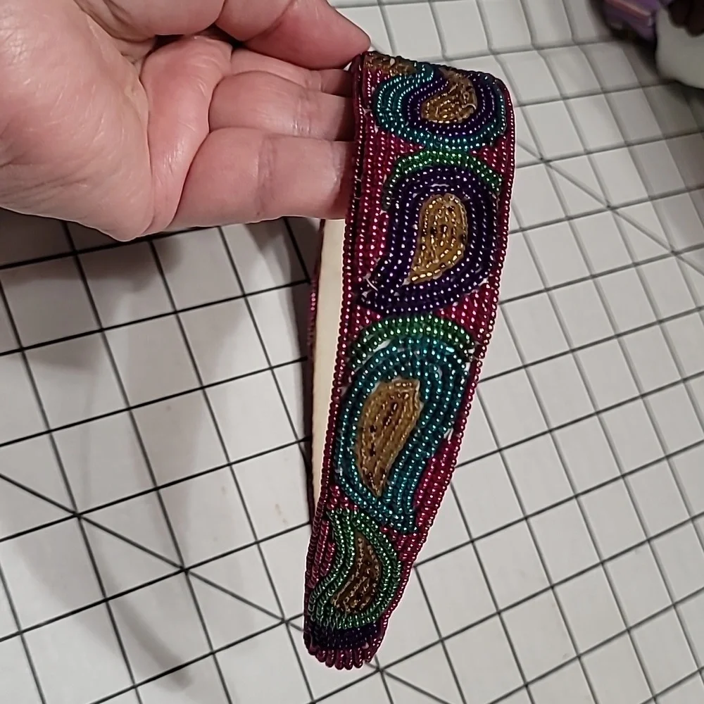 Beaded Headband Metallic pink turquoise purple gold paisley beadwork-GentlPrelvd